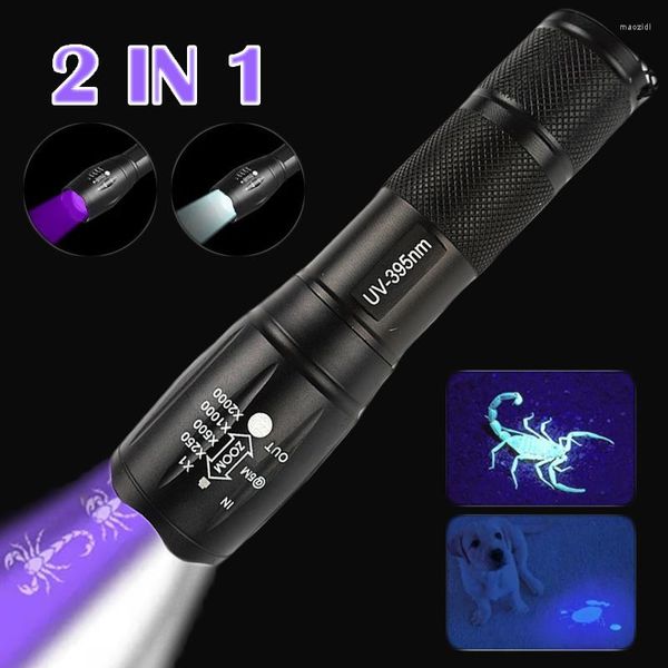 Taschenlampen Taschenlampen 2 IN 1 Lila Weiß Dual Light LED Zoom Fluoreszierende Schwarz Ultraviolette Lampenerkennung