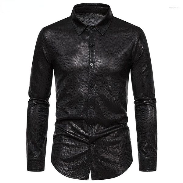 Camicie casual da uomo Camicia nera metallizzata modello serpente sexy Uomo 2022 Anni '70 Disco Party Nightclub Mens Costume da ballo di Halloween