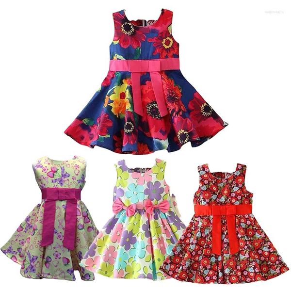 Vestidos de menina 1-6 anos meninas infantis vestidos coloridos impressão de flor princesa fofa festa sem mangas roupas de verão roupas infantis