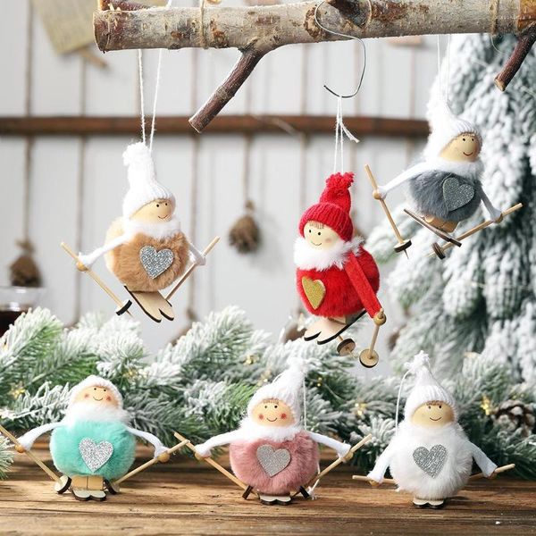 Decorações de Natal 1pc Cute Angel Doll Girl Ski Pinging Tree for Home Wooden Ornamentos de Natal Crianças