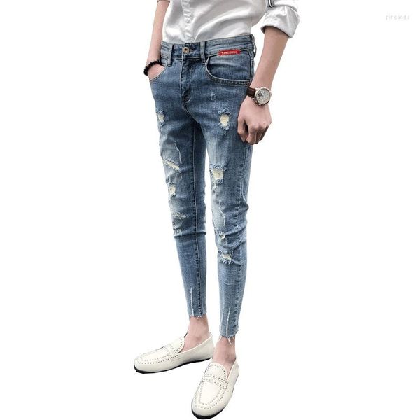 Männer Jeans Sommer 2022 Mode Bettler Knöchel Länge Hosen männer Slim-fit Zerrissene Männliche Füße Eng anliegende social Guy Bleistift Dünne