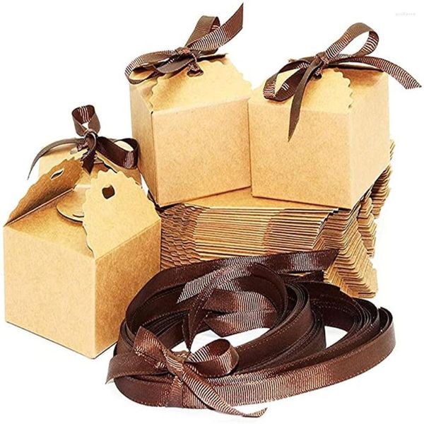 Geschenkpapier 50 Stück Kraftpapierbox mit Band Retro-Stil matt ohne Wachs Aussehen DIY Wellenmuster Hochzeit Süßigkeiten 6,5 x 6,5 x 4,5 cm