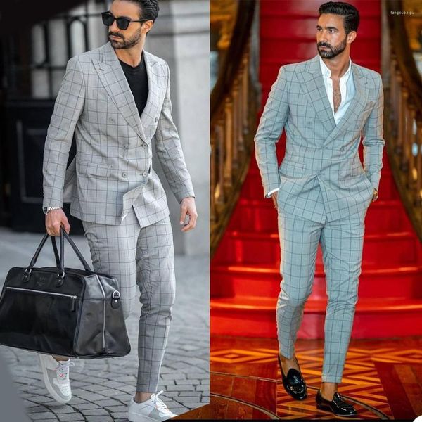 Ternos masculinos 2 peças Men Men Cinza Cinza Plaid Custom Feito Tuxedos de Casamento Duplo Bedido Dupla de Alto Cotton Business Casal