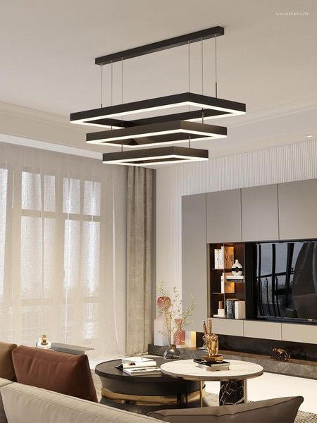 Candeliers Modernos LED para sala de jantar de cozinha quarto de cozinha preta quadrada de iluminação interna de lâmpadas pendentes de teto de teto