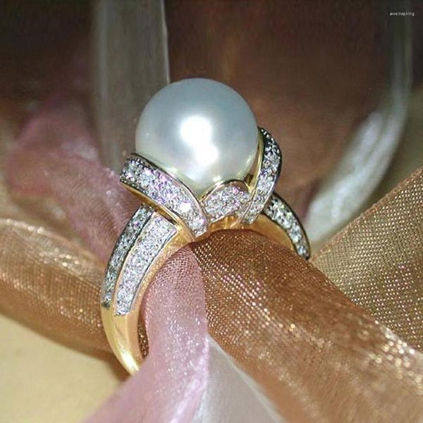 Hochzeit Ringe Design Große Imitation Perle Ring Für Frauen Elegante Jahrestag Party Hohe Qualität Aussage Schmuck Drop