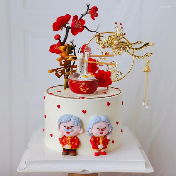 Forniture festive 2 pezzi / set Rosso Nonni Bambola in miniatura Torta di compleanno Topper Vecchio Occhiali Tagliatelle Craft Cupcake Festa della mamma Fai da te