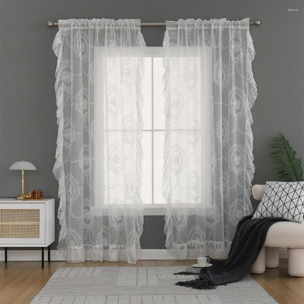 Cortina de renda branca pura estilo europeu de babados vintage cortinas de janela quarto diy perspectiva bela perspectiva floral tule