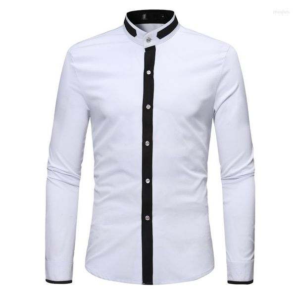 Camicie casual da uomo Camicia con collo alla coreana di moda Uomo 2022 Marca bianca manica lunga Abito da uomo Smoking da cerimonia nuziale da uomo Camisas XL