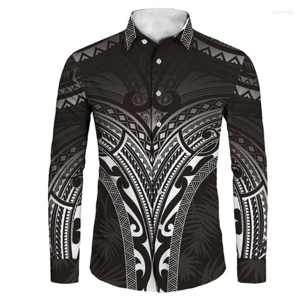 Camicie casual da uomo Drop Samoa Tatuaggi tribali polinesiani Stampa Camicia a maniche lunghe da uomo Autunno Moda Streetwear Party Nero per il 2022