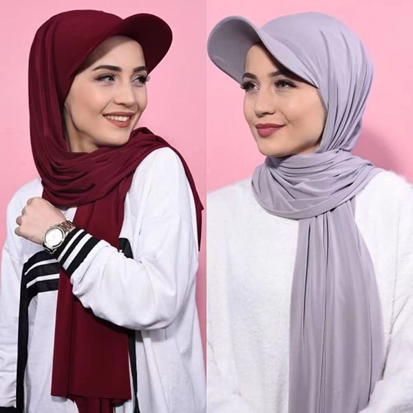 2 Stücke Ramadan Muslim Mode Baseball Caps Mit Jersey Schal Hijab Schal Einfarbig Bandana Turban Motorhaube Frauen Hut Bereit Zu Tragen