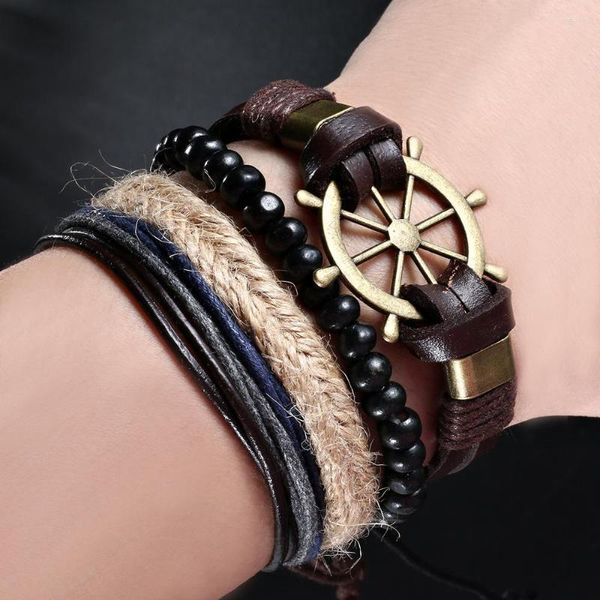 Charm Armbänder HI MAN Vintage Punk Mehrschichtiges Lederarmband für Männer Zinklegierung Steuermann Nautisches Armband Klassischer Schmuck Großhandel