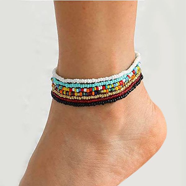 Boho handgefertigte afrikanische Fußkettchen mit Perlen, mehrfarbig, Damen-Stretch-Rocailles, Regenbogen-Knöchelarmbänder, Glasperlen-Armband, elastische Fuß- und Handkette, Schmuck, 30 Farben