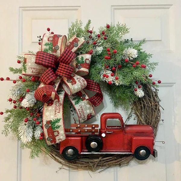 Dekorative Blumen 2022 Weihnachtskranz Auto Bögen Girlanden Weihnachten hängende Tür Ornamente Girlande mit rotem LKW Navidad Jahresdekoration