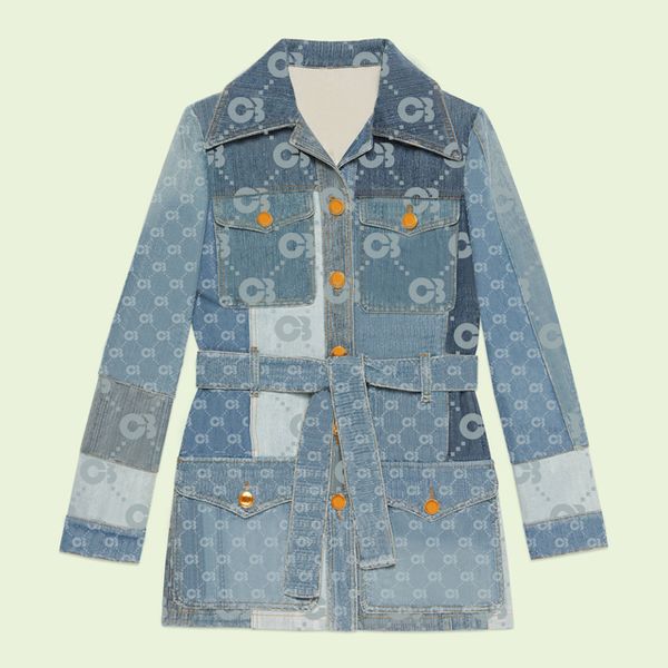 Ternos Femininos Blazers Vintage New Full Retro Runway Banquete Cocktail Party Rarefinds Estampado Denim Patchwork Jaqueta Casaco Denim Conjuntos De Falda Conjuntos de Duas Peças G001