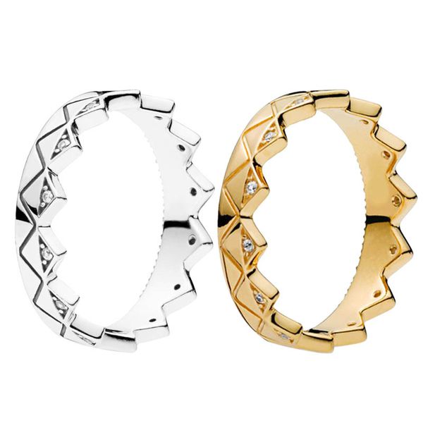 Anillo de corona geométrica para hombre y mujer, joyería de fiesta de plata de ley 925 con caja original para anillos de boda chapados en oro amarillo Pandora