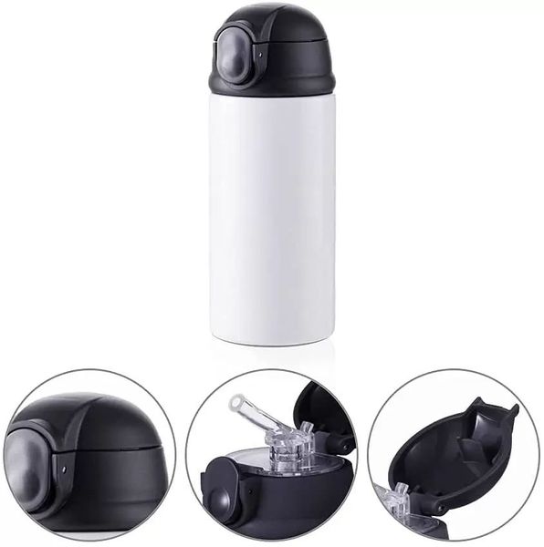 Сублимация Blanks Kids Water Bottle 12 унция белый прямой тумблер Sippy Up Cup с поп -черной крышкой для Tumbler Heat Press Machine Print FY5576