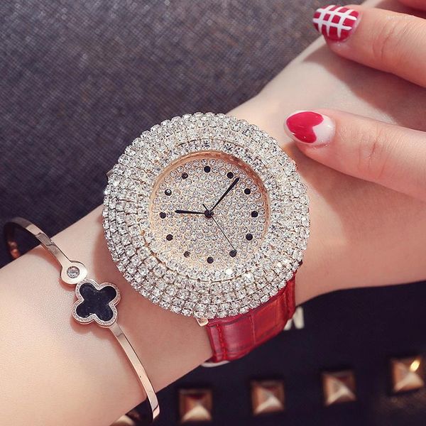 Principais relógios de pulso requintado shinestone Crystal Dial Quartz 4 Fashion Colors Women's Women's Leather Band Strap Beauty Lady Gifts