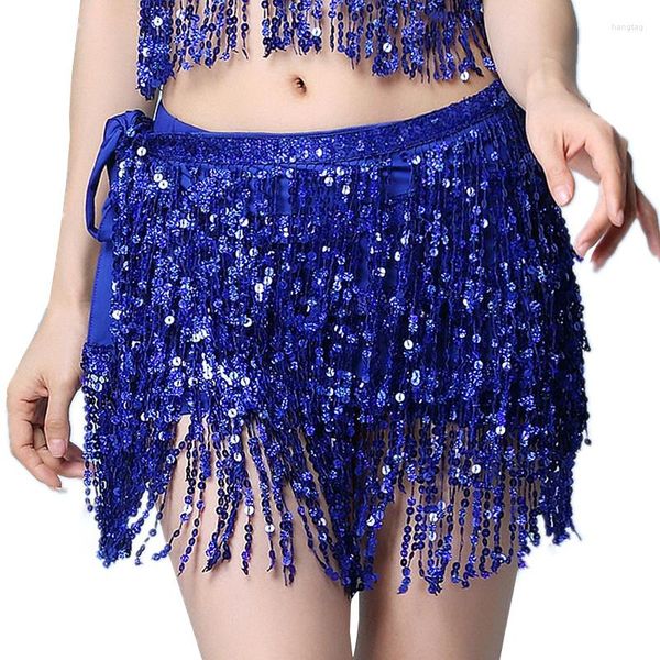 Abbigliamento da palcoscenico 17 colori Donna Accessori per abbigliamento danza del ventre Cinture con nappe 4 file Strisce Rettangolo Danza del ventre Sciarpa con paillettes Cintura con frange