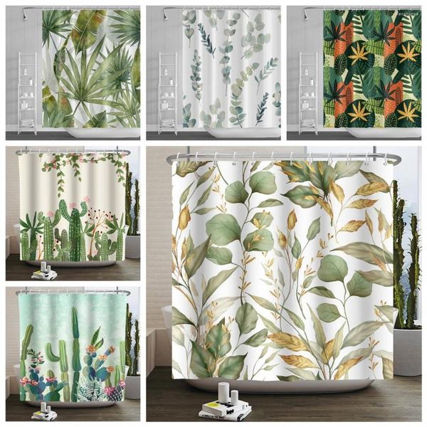 Cortinas de chuveiro Planta verde tropical Cortina de banheiro à prova d'água com ganchos Boho