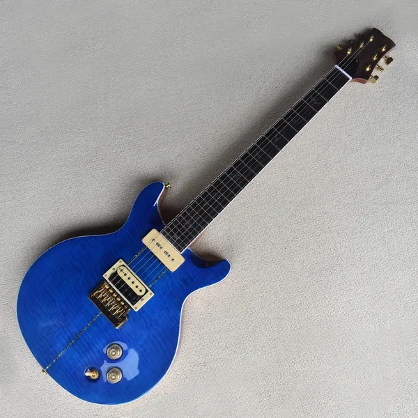 Guitarra el￩trica azul personalizada com hardware dourado abalone p￡ssaros fret bordo bordo de bordo, pode ser personalizado