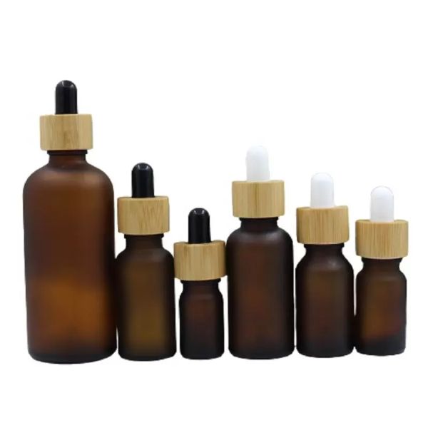 Flacone contagocce in vetro Coperchio in legno di bambù Vuoto portatile Fiale di olio essenziale marrone gelo Contenitore riutilizzabile 5 ml 10 ml 15 ml 20 ml 30 ml 50 ml 100 ml