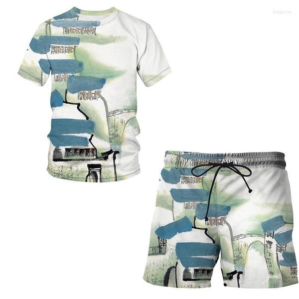 Pintura de pincel de traje masculino masculino Pintura de pincel chinês 3D Impresso 2 peças conjuntos de roupas de roupas casuais shorts de manga curta redonda de pescoço de pescoço