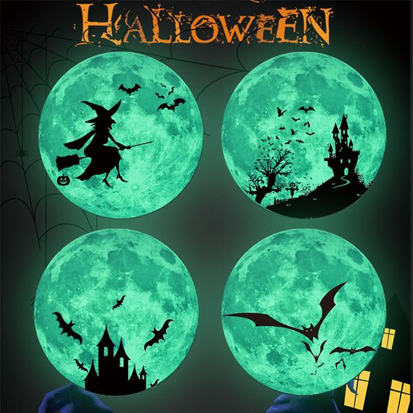 FESTIDADE DE FESTO 30cm Adesivo de parede da lua luminosa 3d Halloween Batch Batt Vampireville Castelo Decalques brilharem na sala escura Decora￧￣o da sala de estar em casa