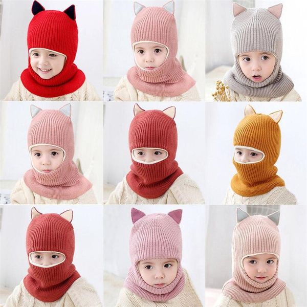 Baby-Wintermütze für Jungen und Mädchen, Kapuze, Schal, Mütze für Kleinkinder, Kinder, Cartoon-Fuchs, Baumwoll-Coif, gemeinsame Häkelarbeit, gestrickt, Halswärmer, 1–5 Jahre, 20221005 E3