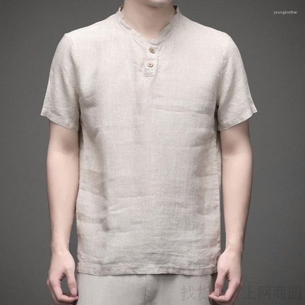 Camisetas masculinas de verão masculino de linho de linho de pescoço algodão de algodão