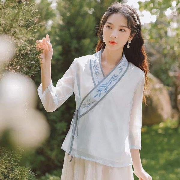 Ethnische Kleidung Chinesische traditionelle Kleidung für Frauen Baumwollhemd Cheongsam Tops Tang-Anzug Langarm V-Ausschnitt Lose Damen Hanfu Top 2022