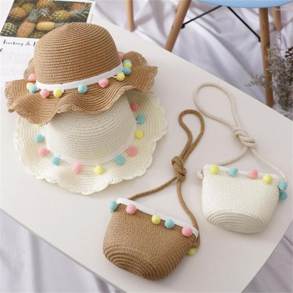 Cappelli Bambini Ragazze Grande Tesa Larga Paglia Intrecciata Protezione Solare Cappello Da Spiaggia Colorato Pompon Palla Estate Floppy Secchio Cap Portatile Sunhat