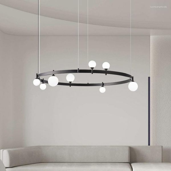 Candeliers estilo salão lustre preto anel branco arame de vidro branco ajustável quarto quarto minimalista hanglamp arte decoração g4 lâmpada