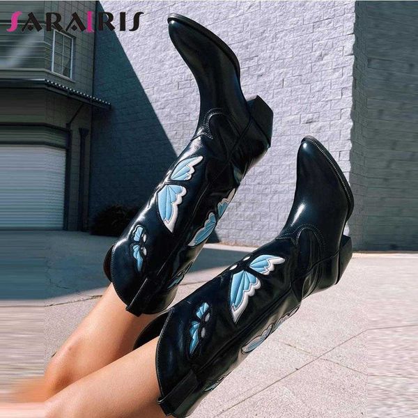 Stiefel Frauen Western Mid Calf Chunky Heel Große Größe 46 High Heels Stickerei Plattform Cowboy Cowgirl Schuhe Casual Rom 220901