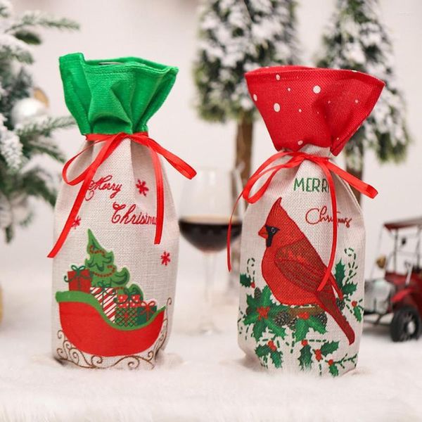 Decorações de Natal Padrão de trenó capa de garrafa de vinho confortável toque linho Festive Bolas lareira