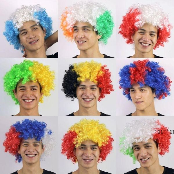 Prestazioni Parrucca ondulata da clown Capelli Festa di Natale Tifosi di calcio sintetici Puntelli Parrucca Cosplay JNB15987