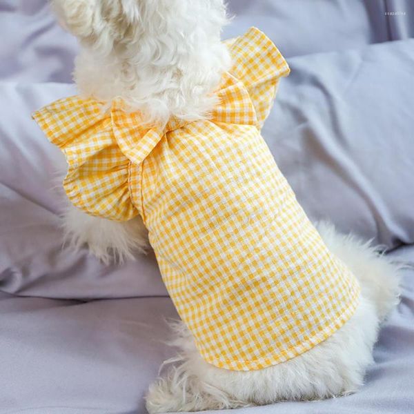 Abbigliamento per cani Top scozzese durevole per cuccioli di colore giallo Camicia per animali domestici facile da pulire Design con fiocco per la festa