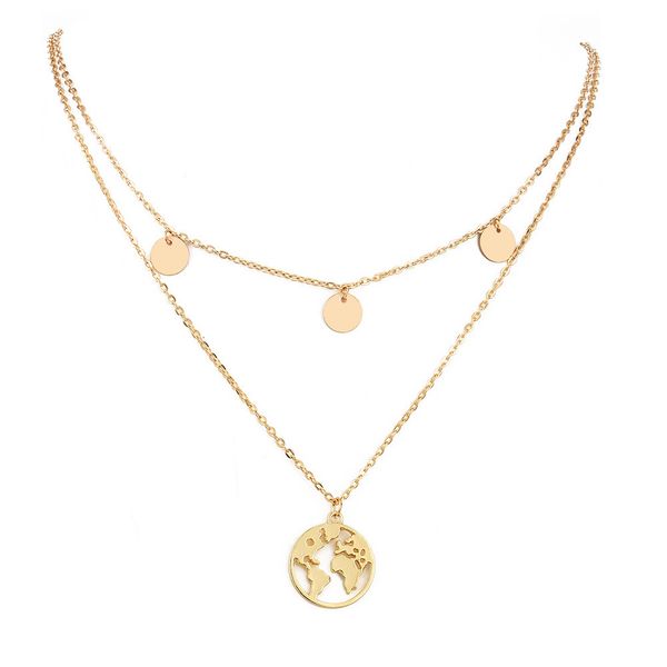 Collana con ciondolo a forma di cerchio con mappa del mondo retrò Collana color oro multistrato Accessori per gioielli con ciondoli per feste per le donne