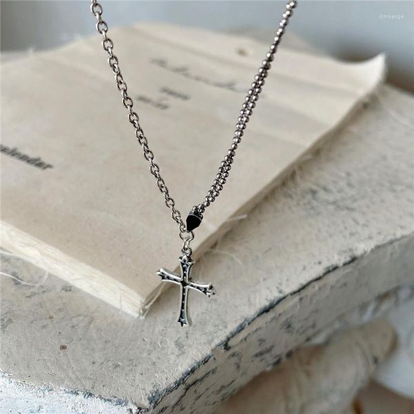 Подвески Pofunuo Real 925 Серебряное серебряное серебро винтажное ожерелье поперечного очарования женщин простота простая шикарная сеть бусин.