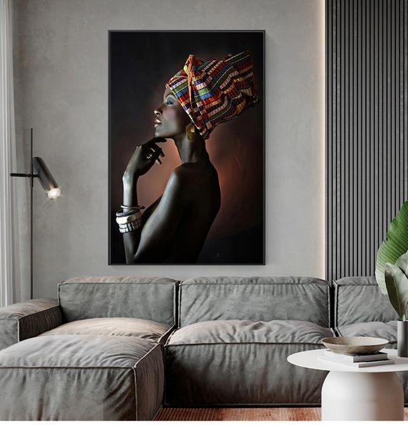 Leinwandgemälde, skandinavisches Wandkunstbild für Wohnzimmer, afrikanische Frau, indisches Stirnband-Porträt, Poster und Drucke