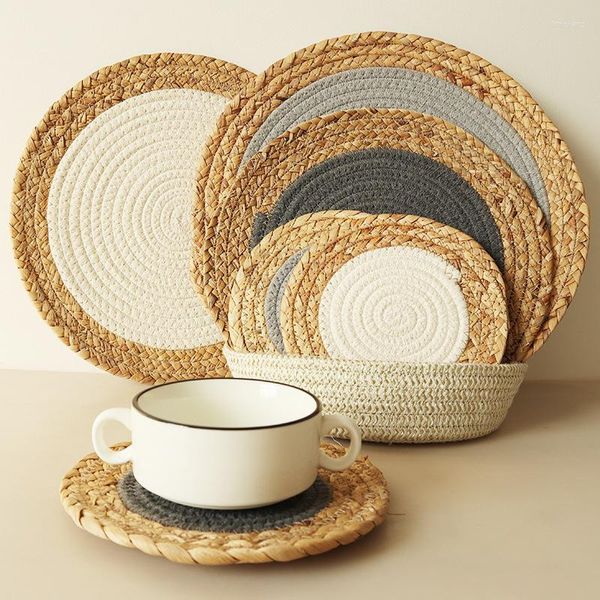 Tovagliette Moderne rotonde Sottobicchieri in rattan naturale Paglia fatta a mano e corda di cotone Tovagliette isolanti miste Tazza Ciotola Attrezzo da cucina