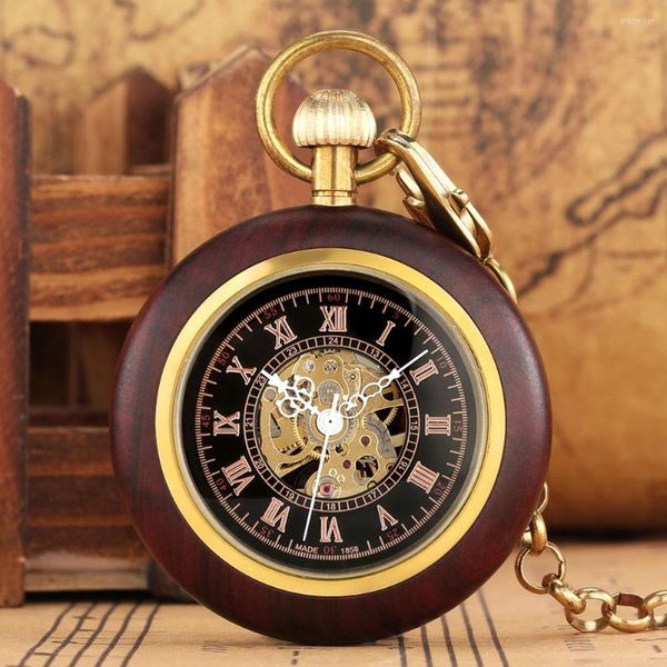 Taschenuhren Retro Holz Automatikuhr Schnitzerei Exquisite Mode Handaufzug Fob Mechanische Steampunk Klassische Geschenke Kettenuhr