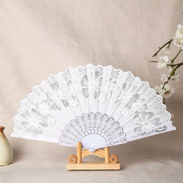 Weiße Stangen Silber Pulver Klappvanier Spanisch Glitzer faltbare Tanzhand -Fans mit Blumen Tanz Performance Geschenke Party Gunst MJ0844