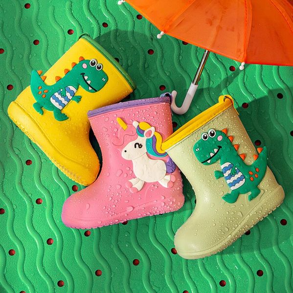 Desenho animado infantil sapatos de chuva caça de chuva para meninos meninas garotas dinossauros à prova d'água de borracha de borracha não deslizante para crianças pequenas botas de água infantis