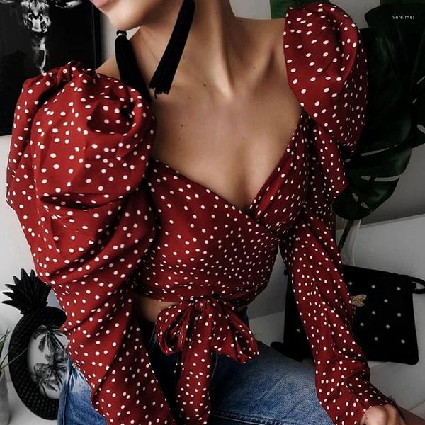 Blusas femininas sexy sem costas chiques polka women mulher bufk manga longa embrulhar top lace elegante up colheita vermelha safra feminina slim slim 2022