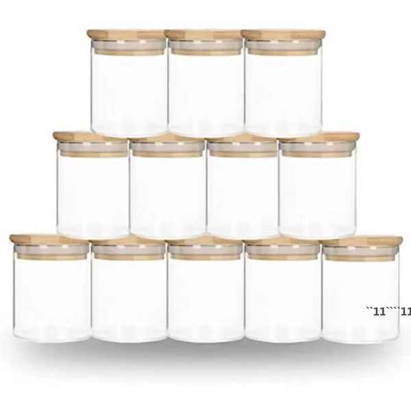 Sublimazione fai-da-te 6 once Tumbler Lattina di vetro con coperchio in bambù Barattolo di candela Contenitore per alimenti Contenitore trasparente satinato Forniture per la cucina di casa Portatile JNB1594