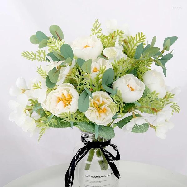 Flores decorativas 5 cabeças Rosas brancas peony artificial alta qualidade para casamento decoração em casa rosa Mariage Bride Bouquet