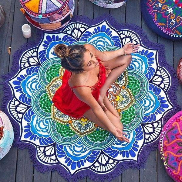 Tapetes lotus mandala redonda tapete de tapete tapeçaria tassel praia arremesso hippie boho yoga tabela de tabela de tampa