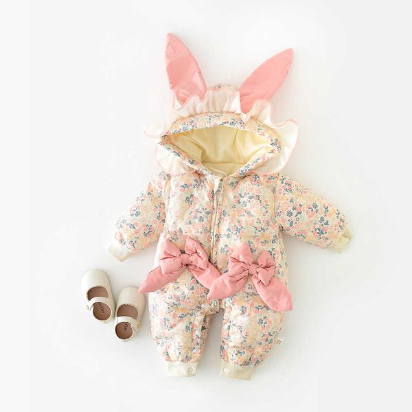 Pagliaccetti Ragazza Baby Sweet Flower Pagliaccetto con cappuccio Nuova cerniera Coniglio Giacca trapuntata Bambino Bambina Inverno caldo cotone Tuta J220922