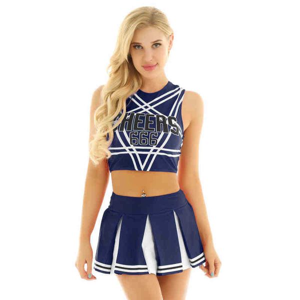 Damen-Trainingsanzüge, 2-teilig, Damen-Erwachsene, charmant, Cheerleading, Karneval, Cosplay, Set, ärmellos, Pentagramm-Back-Crop-Top mit Mini-Faltenrock, T220909