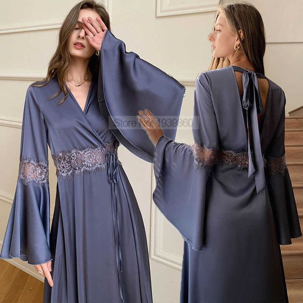 Abito da notte da donna in pizzo patchwork con cintura Abito da donna in raso allentato Kimono Accappatoio Lingerie Indumenti da notte ultra lunghi Prospettiva sexy Loungewear T221006